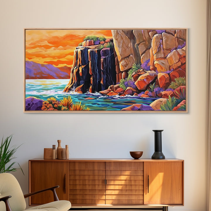 Desert Sunset, Cliffs, Nature, Framed Canvas Print, rocky cliffs and sea, Boho Living Room Wall Art, colorful sunset art, coastal vibes