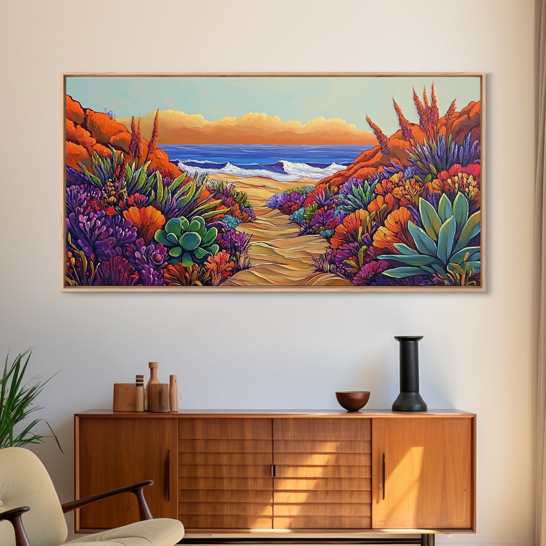 Beach Trail, Succulents, Ocean Path, Framed Canvas Print, Vibrant desert-to-ocean painting perfect Kitchen Wall Art or Boho Coastal Decor