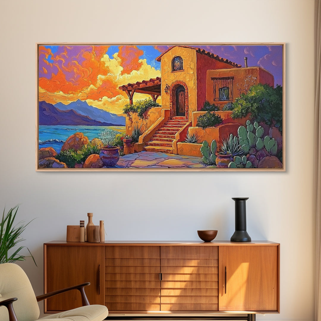 Desert Adobe, Sunset, Southwest, Framed Canvas Print, southwestern home art, rustic decor, living room wall art, fall adobe style