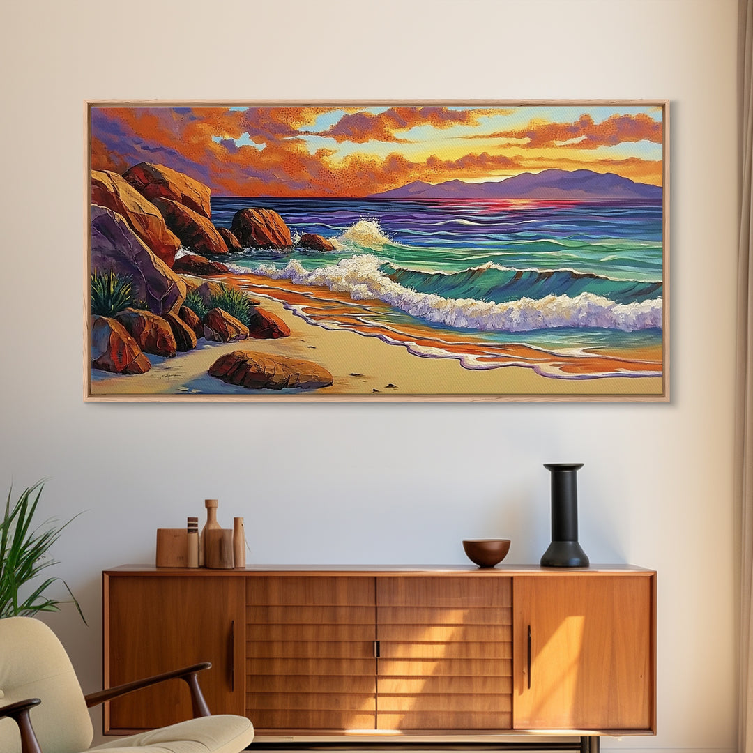 Coastal Sunset, Waves, Shore, Framed Canvas Print, ocean beach decor, seascape living room wall art, tropical boho coastal style