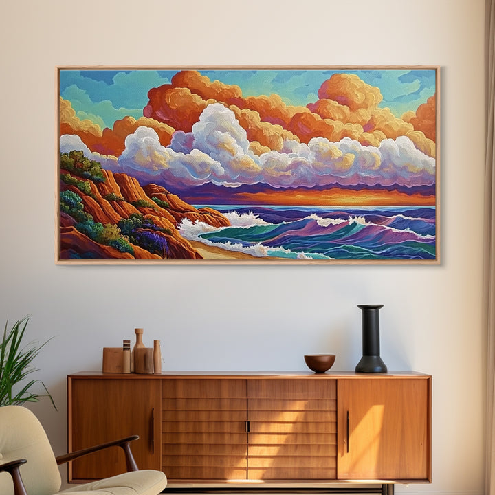 Clouds Ocean, Sunset, Dreamy, Framed Canvas Print, whimsical seascape, vibrant wave art, living room decor, beach wall art