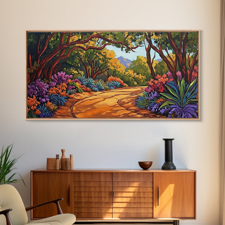 Nature Pathway, Garden, Trees, Framed Canvas Print, vibrant forest trail art, spring botanical decor, living room boho landscape