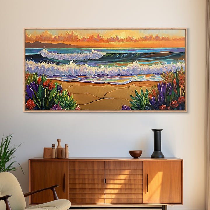 Ocean Sunset, Waves, Coastal, Canvas Print, ocean waves at sunset, Coastal Wall Art, vibrant seascape decor, beach house art