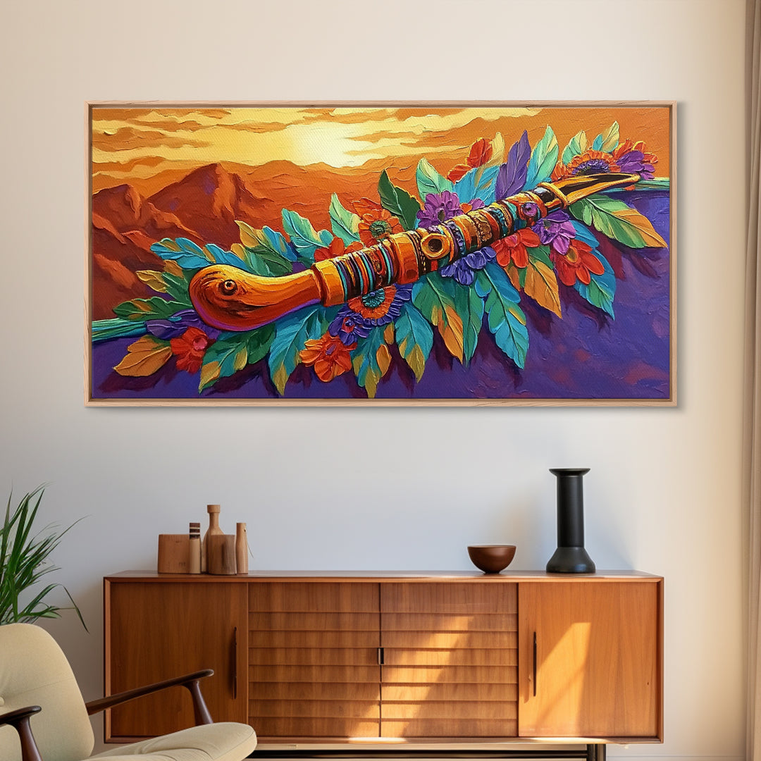 Native Flute, Flowers, Sunset, Framed Canvas Print, Spiritual Native American flute art with flowers and mountains, Boho Wall Art