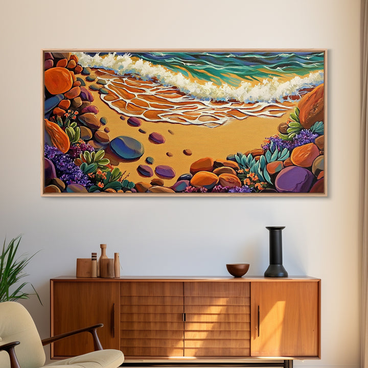 Coastal Shoreline, Footprints, Framed Canvas Print, Coastal beach waves and footprints art with colorful rocks, Bathroom Wall Art