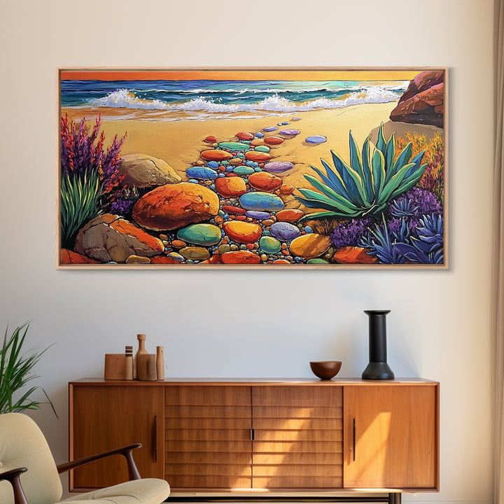 Beach Path, Ocean, Sunset, Canvas Print, Colorful beach path with stones and ocean waves, vibrant coastal Living Room Wall Art