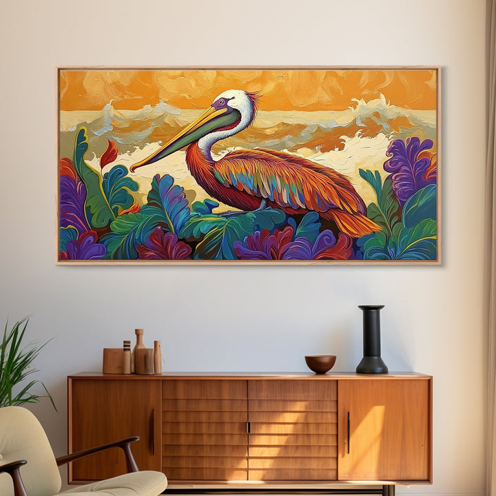 Pelican, Waves Tropical, Canvas Print, Bright tropical pelican artwork with ocean waves and foliage, great Bathroom Wall Art