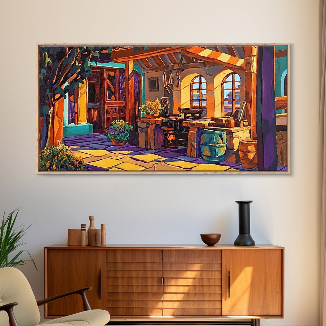 Rustic Kitchen, Mexican, Decor, Framed Canvas Print of rustic kitchen, Kitchen Wall Art, warm tones, bohemian style interior decor