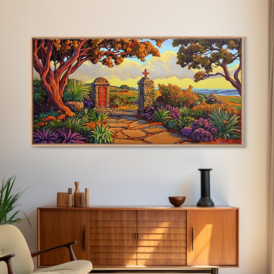 Cross Memorial, Sunset, Framed Canvas Print, Peaceful Autumn scene with cross and mountain view, ideal Fall Living Room Wall Art