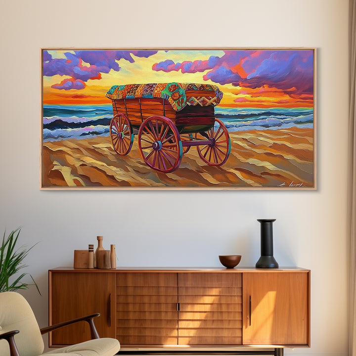 Beach Wagon, Sunset, Decor, Framed Canvas Print western wall art, desert decor, living room boho art, rustic coastal art, beach house