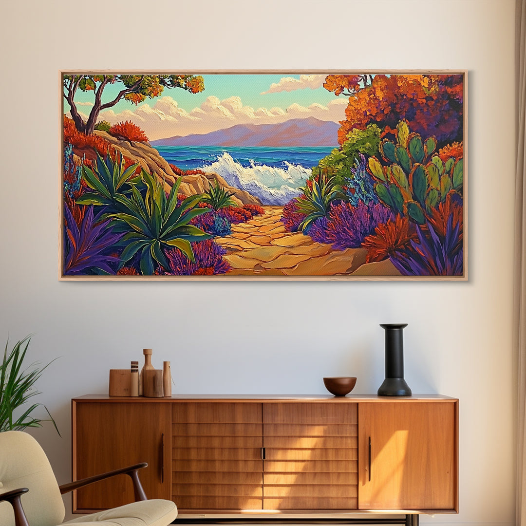 Ocean Path, Sunset, Nature, Canvas Print vibrant coastal wall art, autumn cactus decor, tropical landscape painting, entryway art