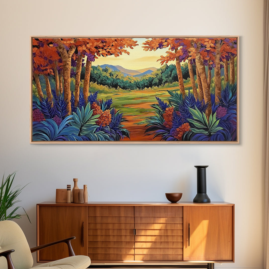 Forest Fall, Colorful, Leaves, Framed Canvas Print bold woodland foliage design, vibrant autumn landscape art, hallway wall accent