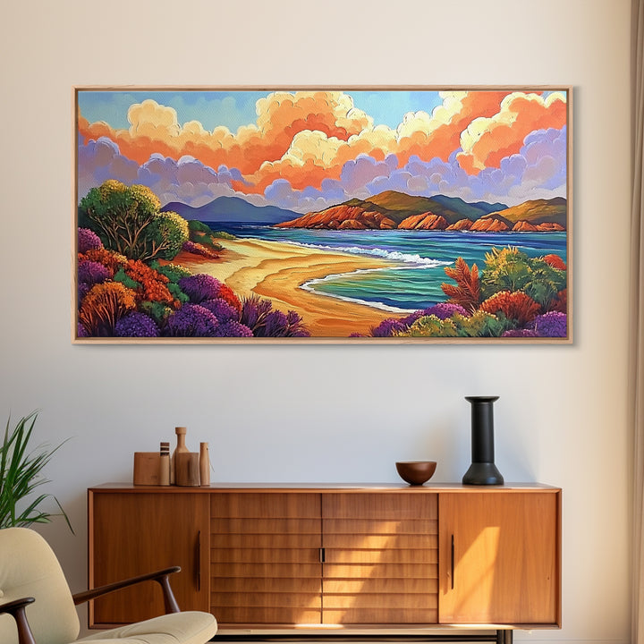 Beach Clouds, Coastal, Pastel, Framed Canvas Print soft tropical seascape painting, ocean view boho art, serene living room print