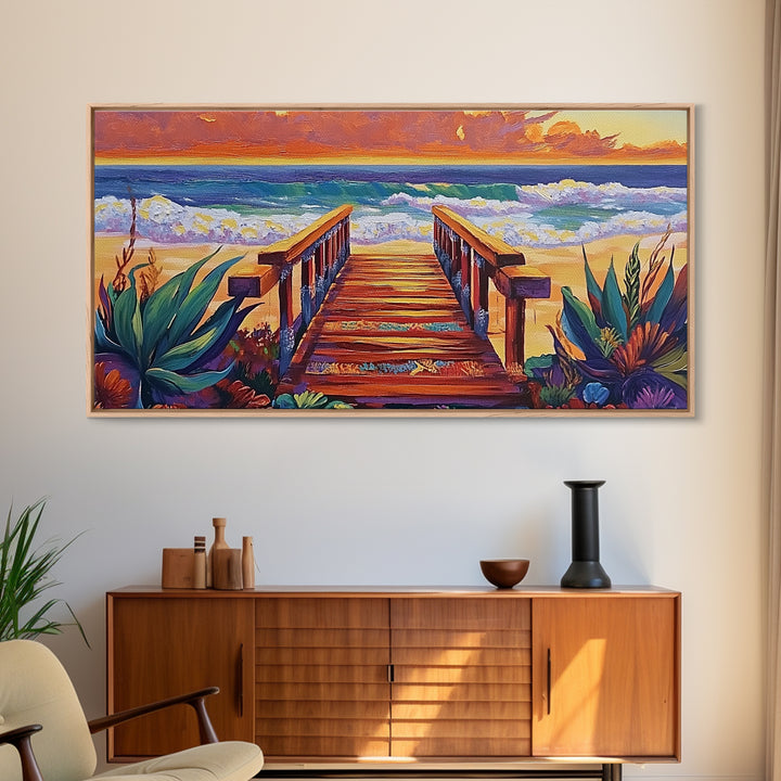 Beach Boardwalk, Sunset, View, Framed Canvas Print, boardwalk to beach, Coastal Entryway Art, sunset seascape painting, ocean cottage
