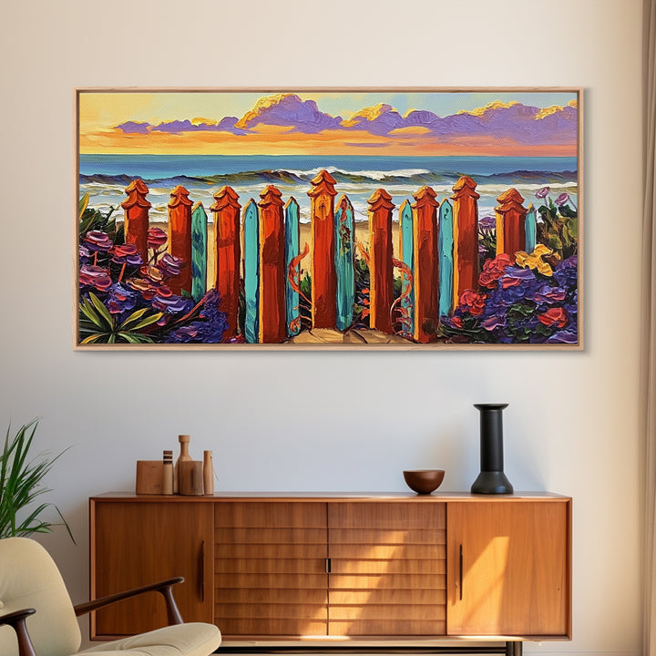 Ocean Fence, Flowers, Canvas Print, Coastal Wall Art, Beach House Decor, Nautical Art, Seaside Painting, Sunset Art, Vibrant Living Room