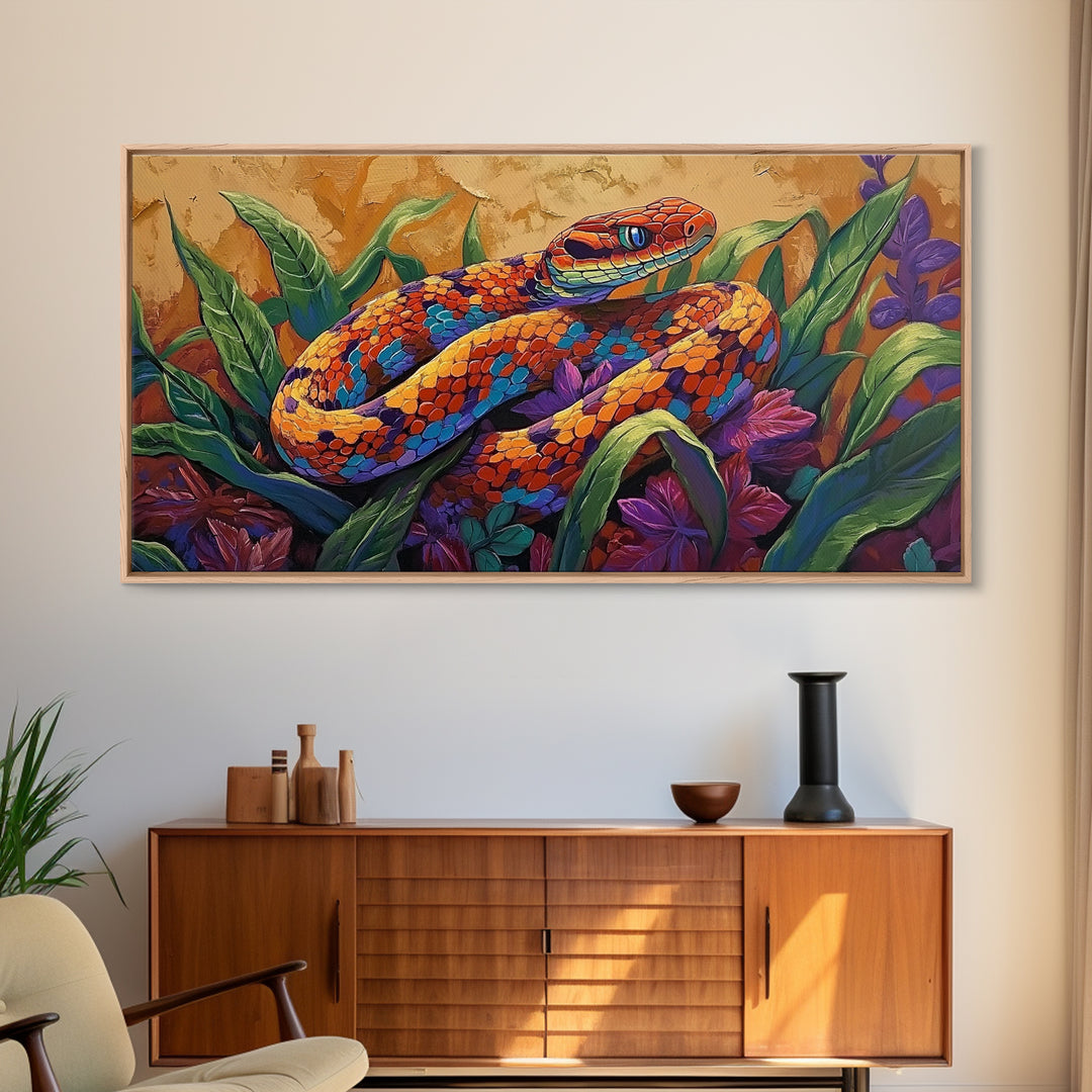 Colorful Snake, Nature, Framed Canvas Print, Jungle Reptile Wall Art, Tropical Home Decor, Bold Wildlife Art, Bedroom Accent, Boho Style