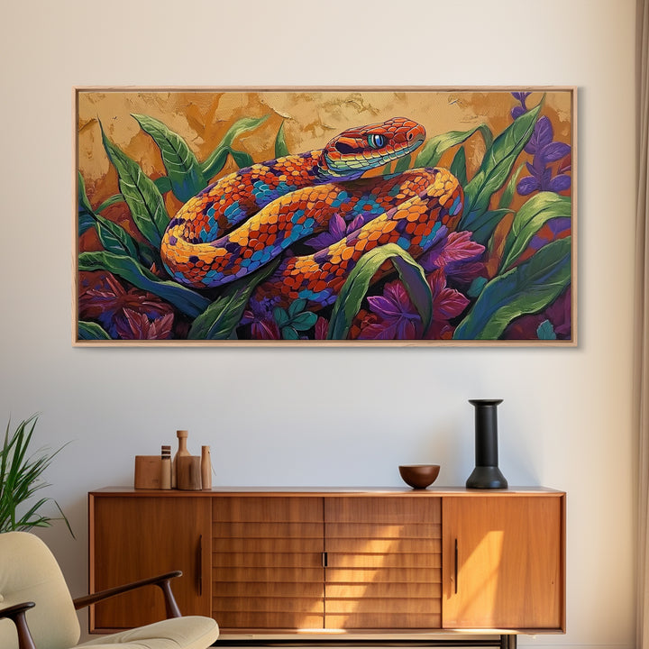 Colorful Snake, Nature, Framed Canvas Print, Jungle Reptile Wall Art, Tropical Home Decor, Bold Wildlife Art, Bedroom Accent, Boho Style