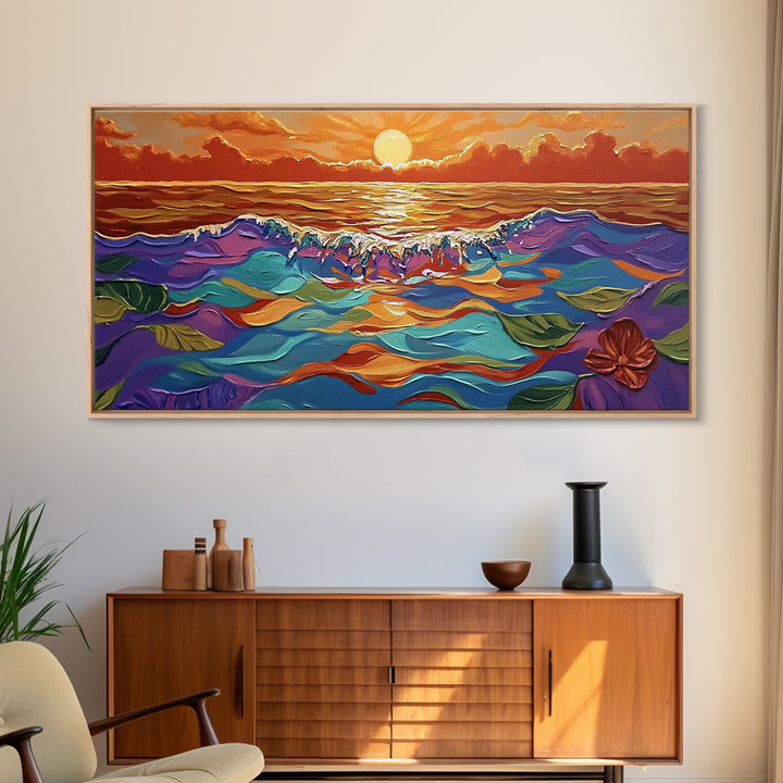 Ocean Sunset, Petals, Framed Canvas Print, Beachy Living Room Decor, Vibrant Seascape Art, Tropical Floral Painting, Boho Home Accent