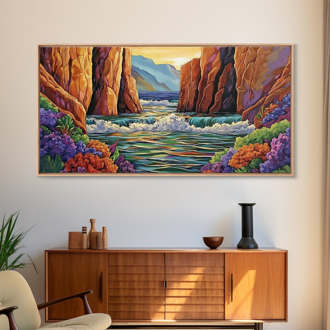 Canyon Cliffs, Ocean View, Sunset Water, Framed Canvas Print, Vibrant Landscape Wall Art, Office or Entryway Nature Decor