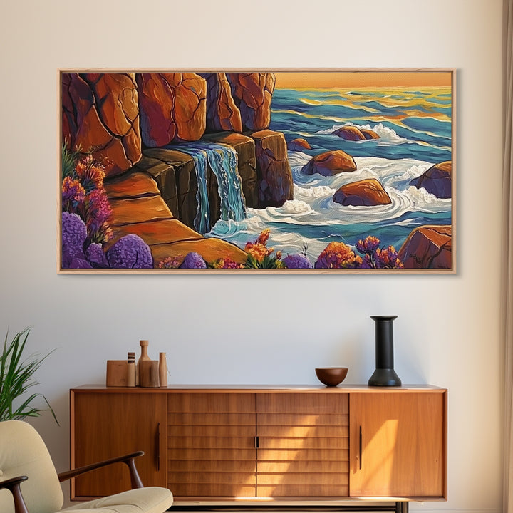 Cliffside Waterfall, Ocean Swirls, Sunset Tide, Framed Canvas Print, Nature Landscape Wall Art, Bold Boho Living Room Decor