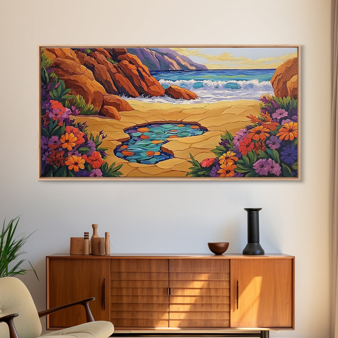 Tide Pool, Sandy Shore, Flower Beach, Canvas Print, Coastal Floral Wall Art, Vibrant Kitchen  Art, Hallway Summer Decor
