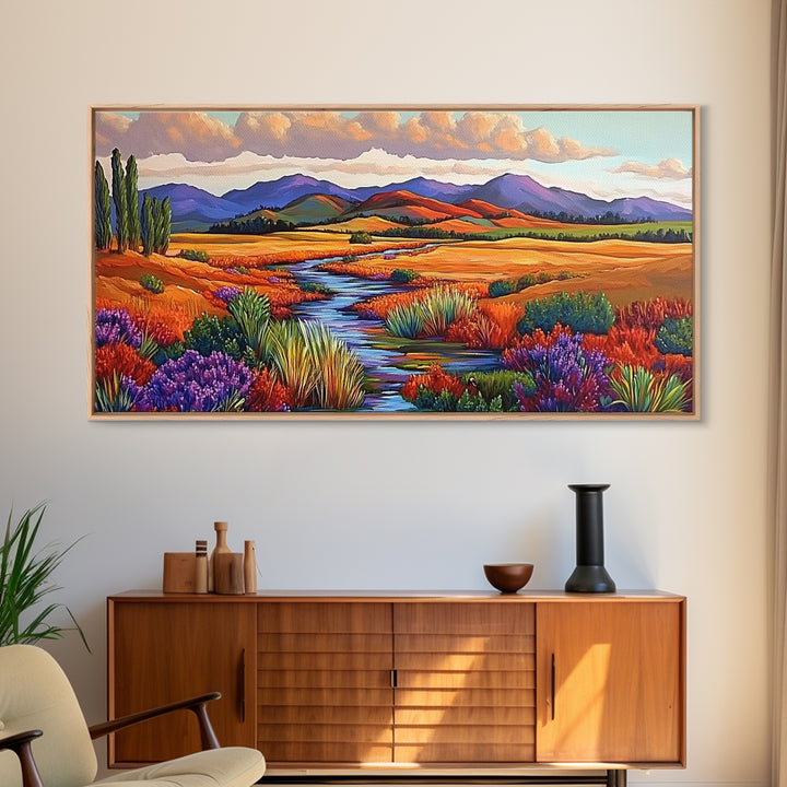 Autumn River, Golden Fields, Mountain View, Canvas Print, Fall Landscape Wall Art, Rustic Living Room Art, Seasonal Entryway Decor