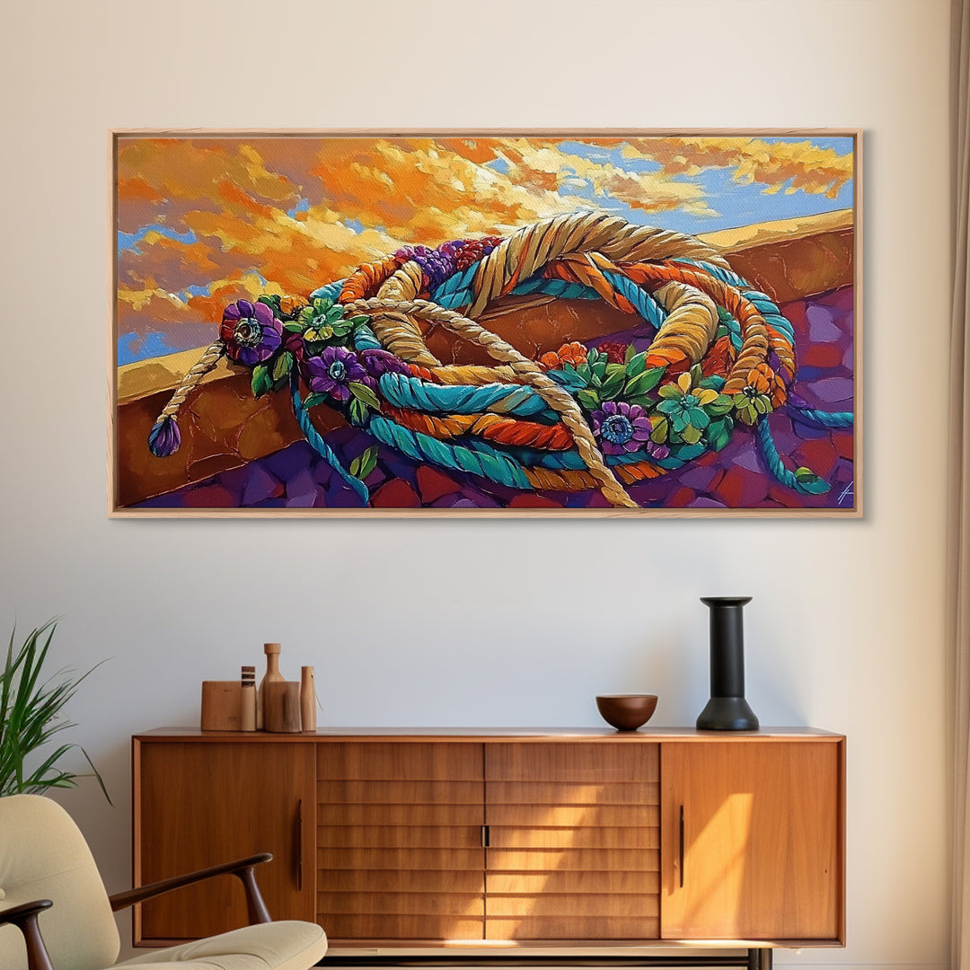 Desert Rope, Western Decor, Rustic Sunset, Framed Canvas Print, Southwestern Wall Art, Bold Kitchen or Ranch Style Office Decor