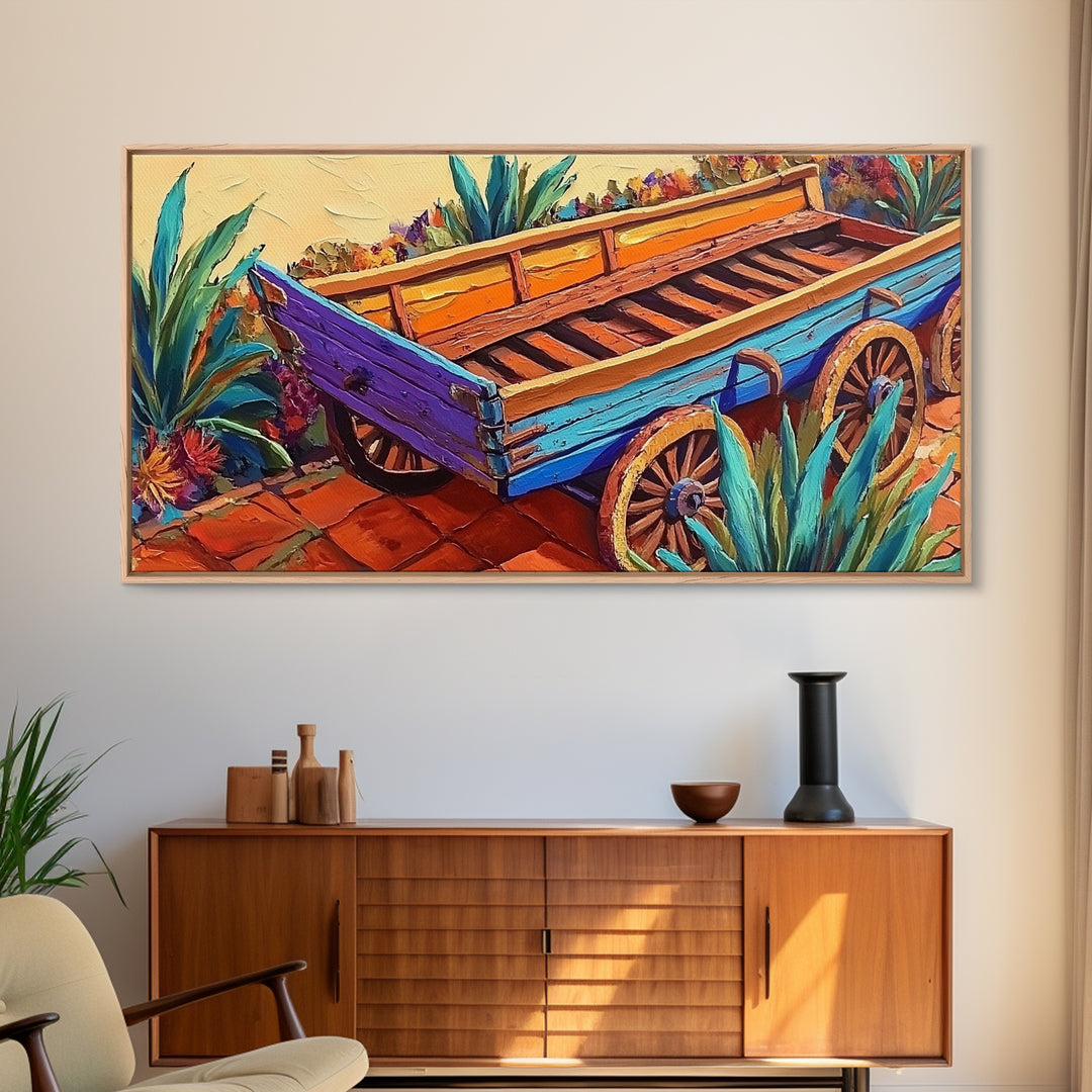 Painted Wagon, Rustic Charm, Color Pop, Framed Canvas Print, Western Farmhouse Wall Art, Vibrant Kitchen Print, Entryway Decor