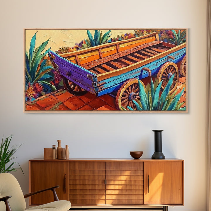 Painted Wagon, Rustic Charm, Color Pop, Framed Canvas Print, Western Farmhouse Wall Art, Vibrant Kitchen Print, Entryway Decor