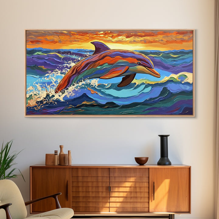 Dolphin Ocean, Sunset, Vibrant, Jumping Dolphin Canvas Print, Beach House Wall Art, Vibrant Ocean Scene, Kids Room Decor, Summer Art