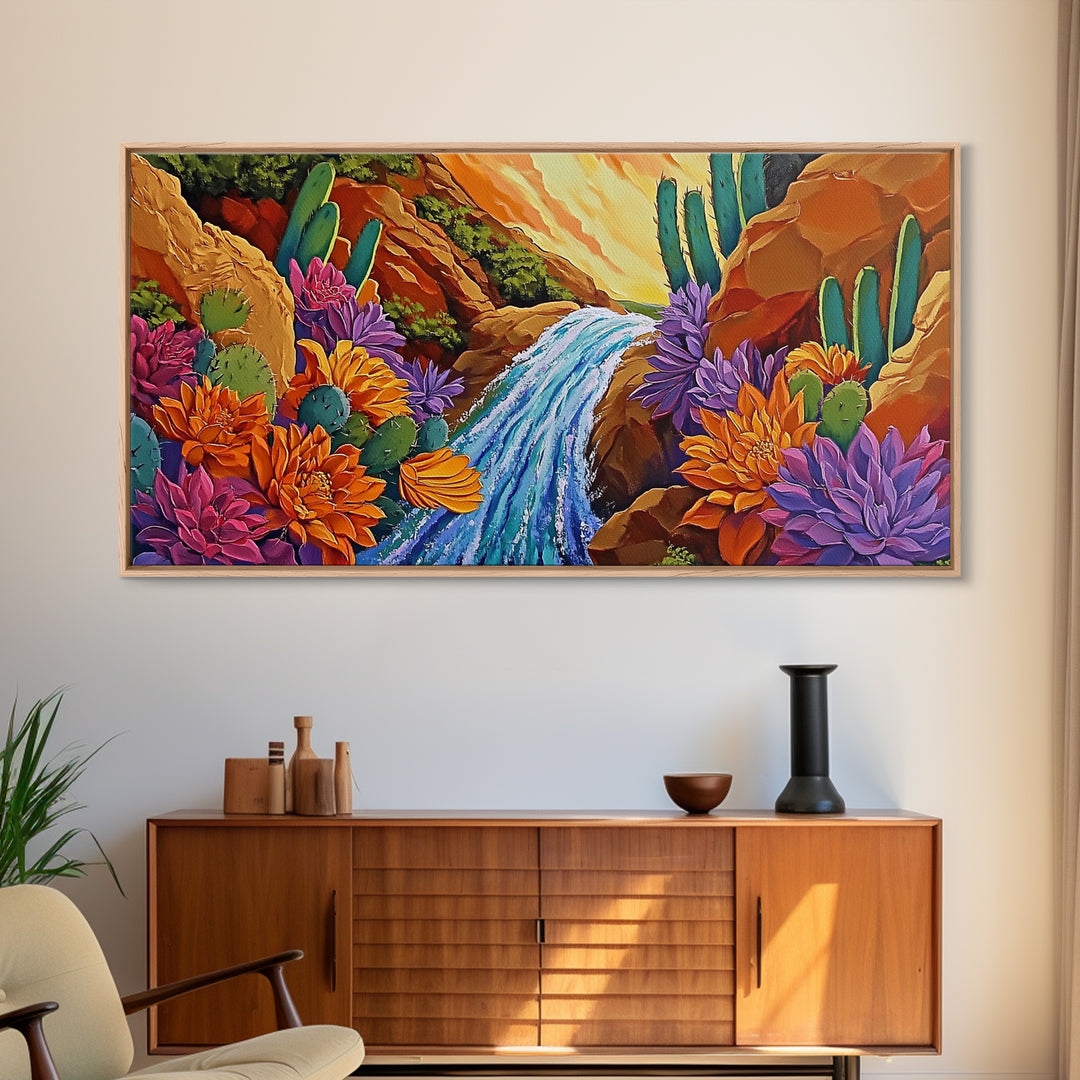 Cactus Canyon, Flowers, Waterfall, Framed Canvas Print Bright desert wall art, boho botanical painting, vibrant hallway home decor