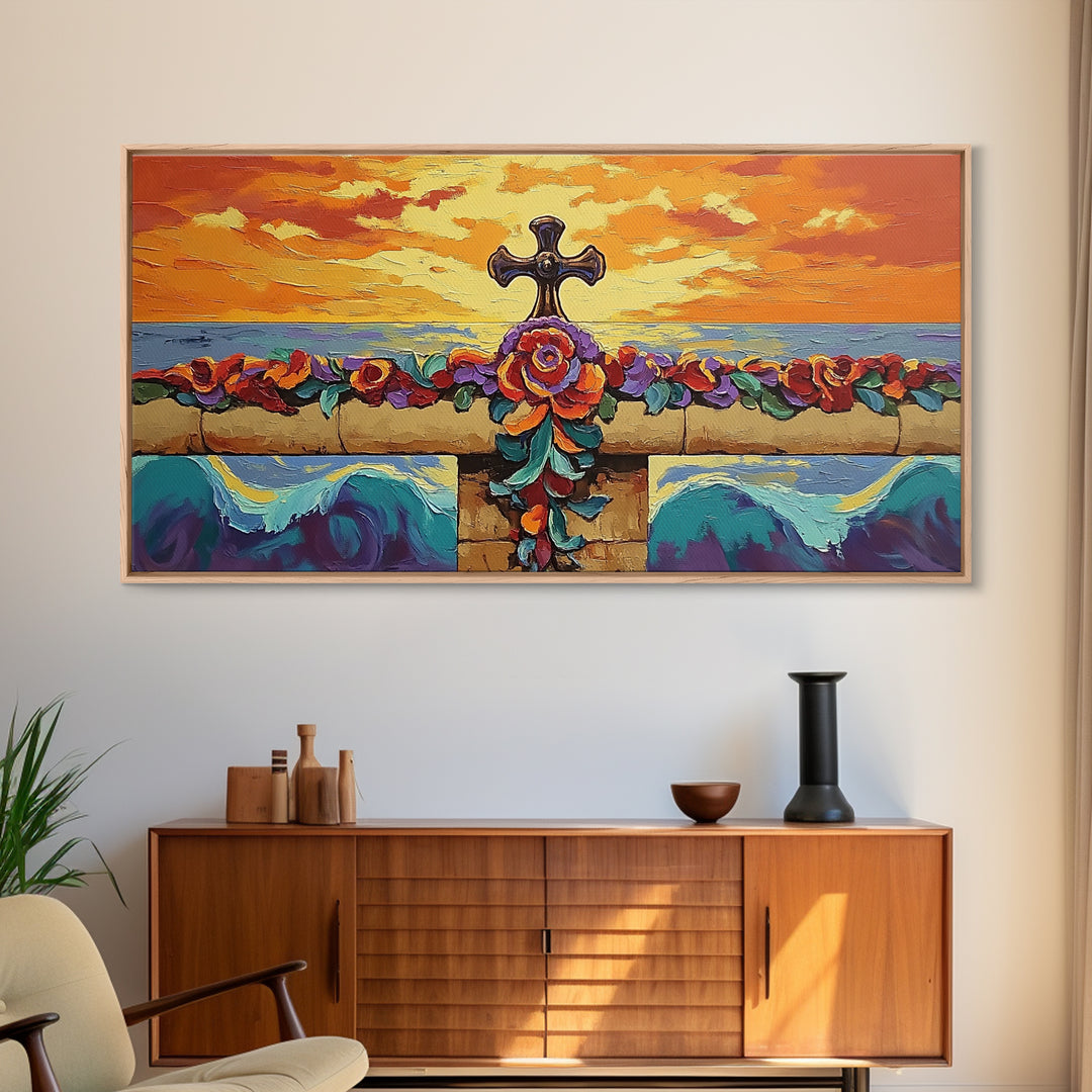 Cross Sunset, Flowers, Spiritual, Coastal Cross Sunset Framed Canvas Print, Christian Wall Art, Floral Beach Decor, Living Room Art