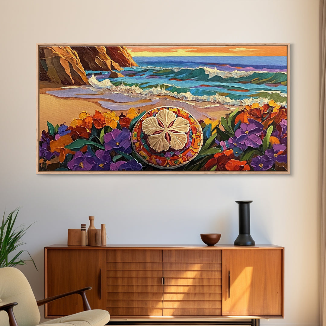 Ocean Beach, Flower, Sand Dollar, Coastal Beach Scene Framed Canvas Print, Bathroom Wall Art, Tropical Seaside Decor, Coastal Painting