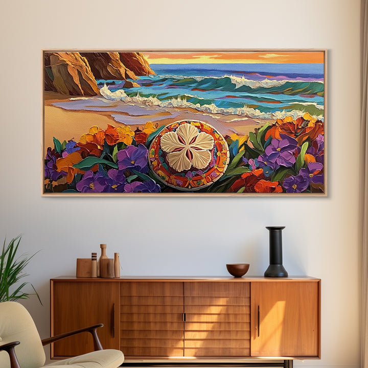 Ocean Beach, Flower, Sand Dollar, Coastal Beach Scene Framed Canvas Print, Bathroom Wall Art, Tropical Seaside Decor, Coastal Painting