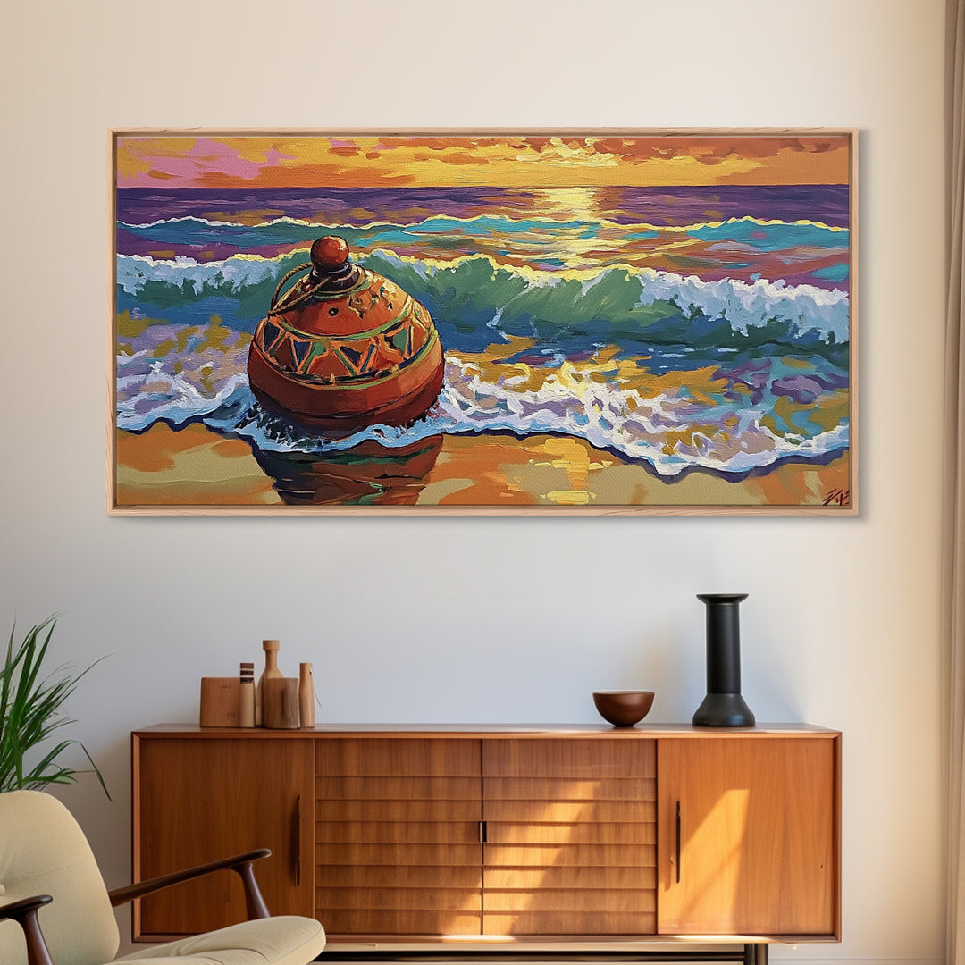 Buoy Shoreline, Sunset, Surf, Sunset Ocean Buoy Canvas Print, Coastal Wall Art, Nautical Theme Living Room, Bold Beach House Fall Decor