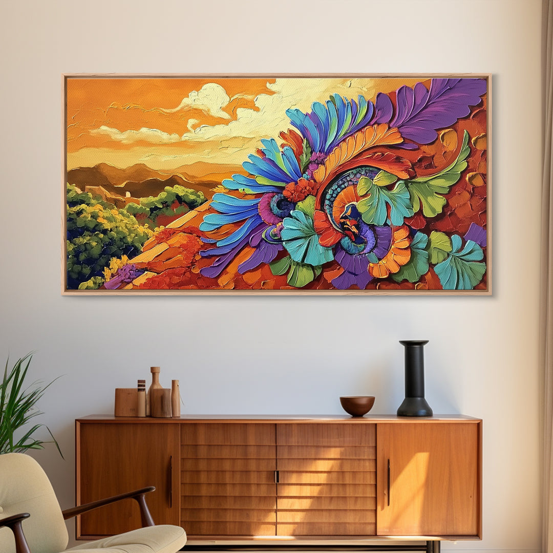 Colorful Feather, Design, Sunset, Framed Canvas Print, southwest wall art, abstract boho style, living room wall art, desert tones