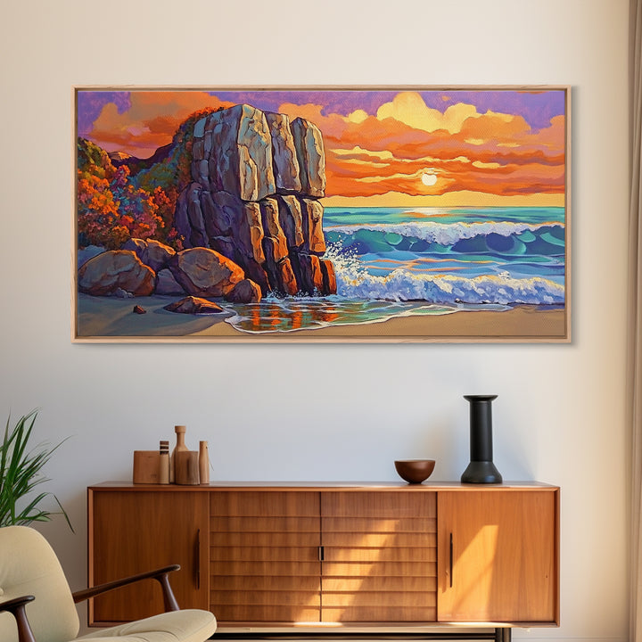 Rock Ocean, Sunset, Waves, Framed Canvas Print, coastal wall decor, bold shoreline art, living room beach style, nature theme