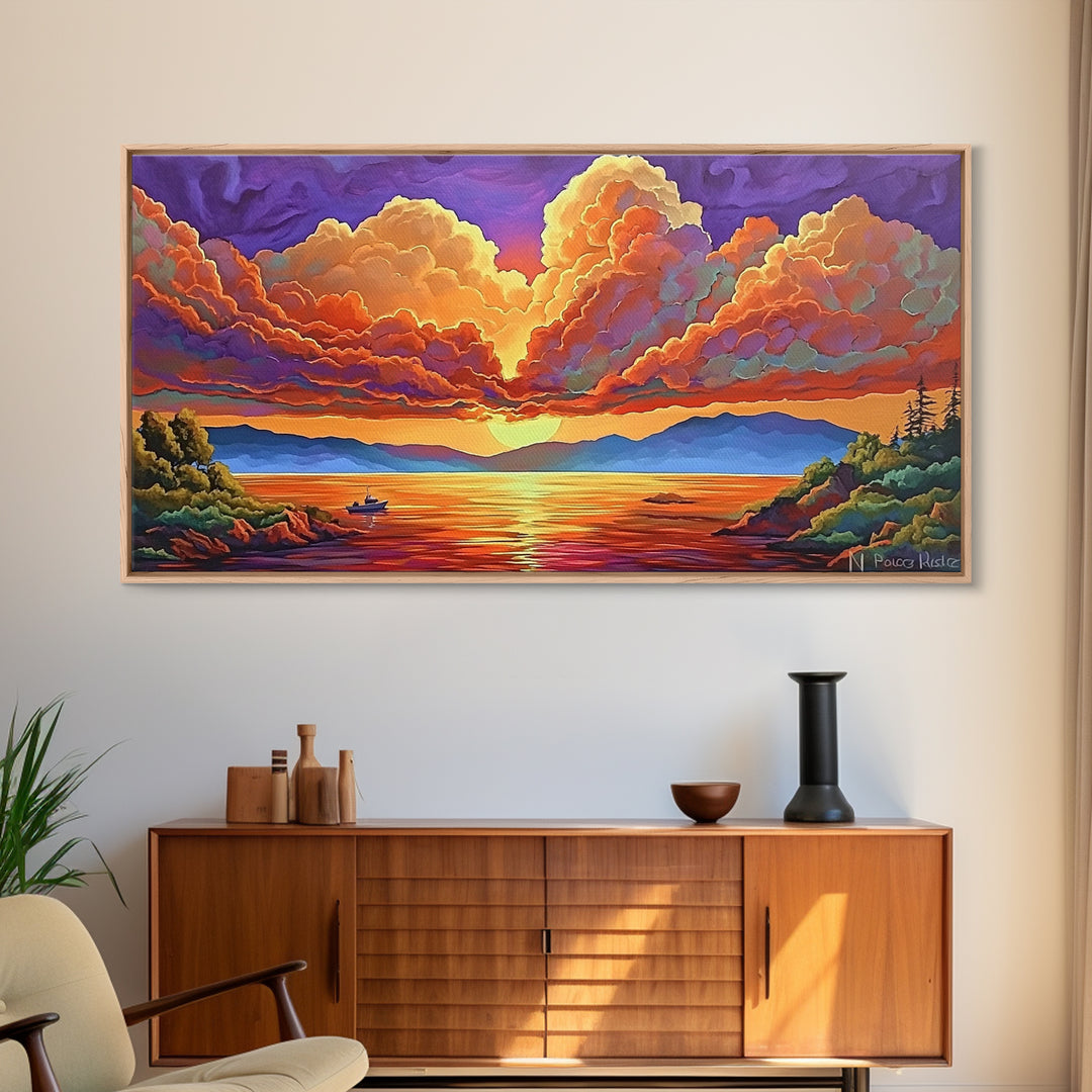Boat Lake, Dramatic Sky, Sunset Clouds, Framed Canvas Print, Fall Landscape Art, Office Wall Decor, Vibrant Nature Scene, Moody Colors
