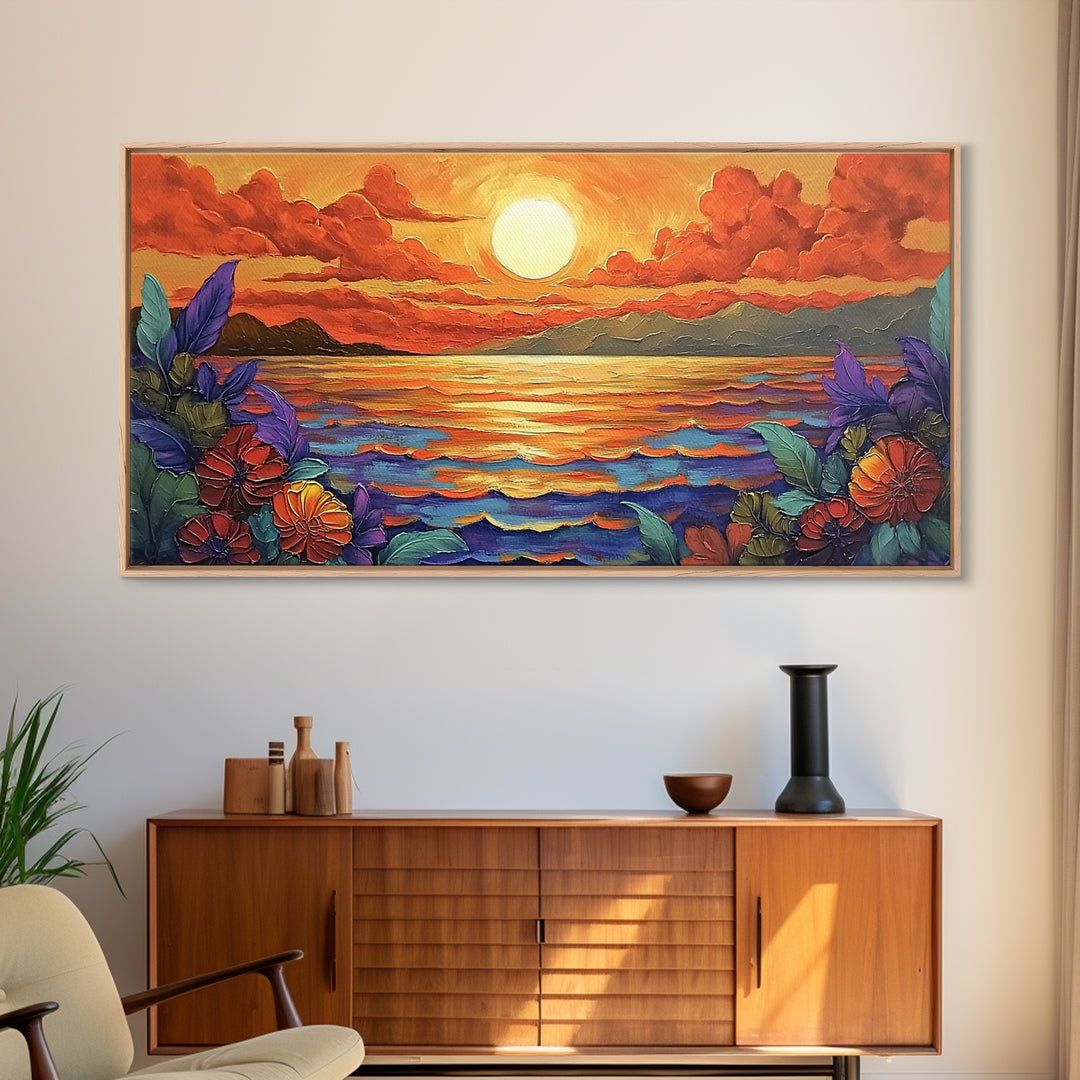 Flowers Sunset, Ocean View, Coastal Bloom, Framed Canvas Print, Vibrant Nature Art, Kitchen Wall Decor, Beach Garden Scene, Bold Colors