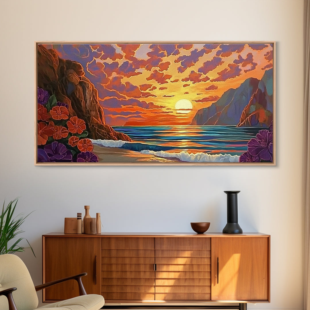 Beach Cliffs, Sunset, Vibrant Sky, Framed Canvas Print, Boho Coastal Art, Bedroom Wall Decor, Ocean View Painting, Tropical Landscape