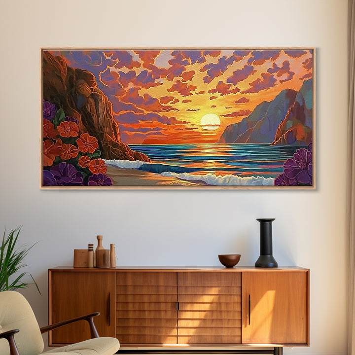 Beach Cliffs, Sunset, Vibrant Sky, Framed Canvas Print, Boho Coastal Art, Bedroom Wall Decor, Ocean View Painting, Tropical Landscape