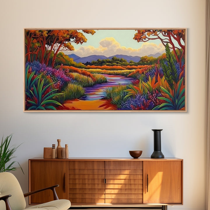River Wildflowers, Autumn Trees, Mountain View, Framed Canvas Print, Fall Nature Art, Kitchen Wall Decor, Boho Landscape Painting