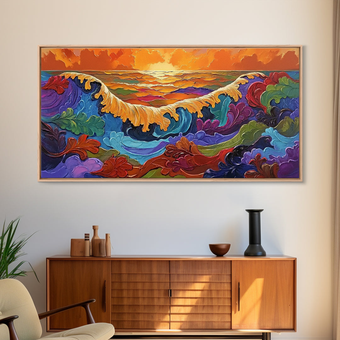 Ocean Abstract, Waves, Sunset, Framed Canvas Print, Surreal Coastal Art, Living Room Wall Decor, Fantasy Seascape, Boho Expressionist