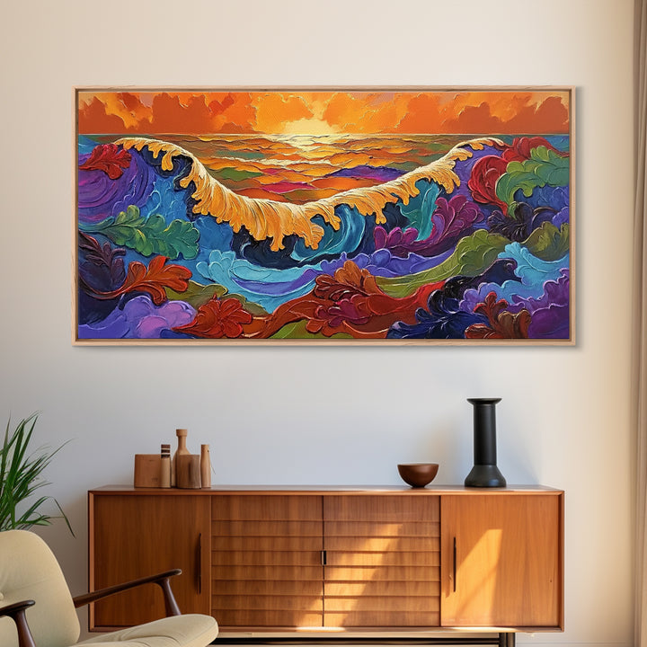 Ocean Abstract, Waves, Sunset, Framed Canvas Print, Surreal Coastal Art, Living Room Wall Decor, Fantasy Seascape, Boho Expressionist