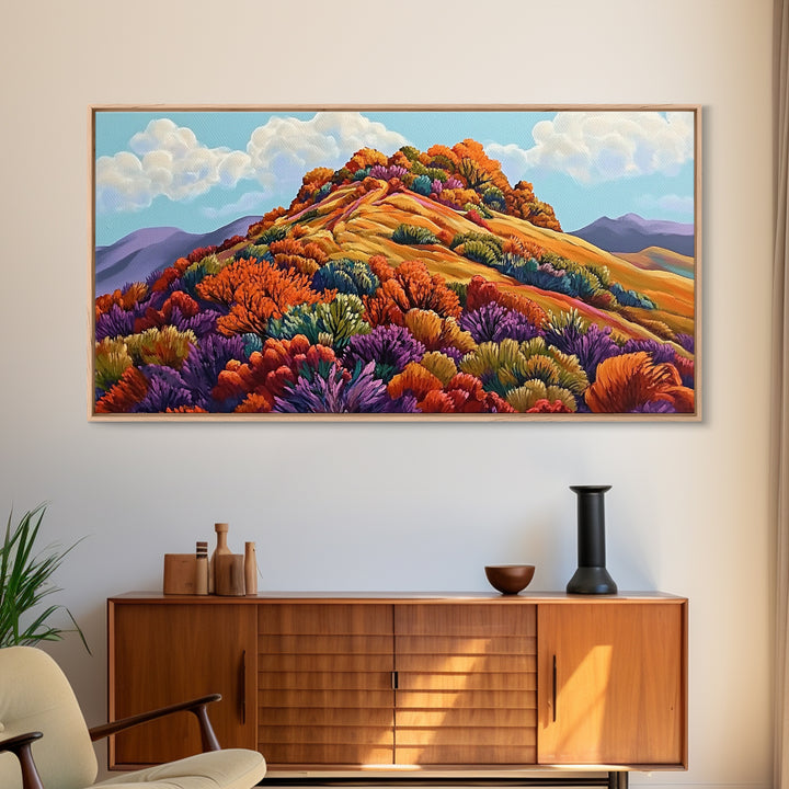 Autumn Hill, Landscape, Framed Canvas Print, Colorful Fall Mountain Scene, Cozy Autumn Wall Decor, Rustic Living Room Art
