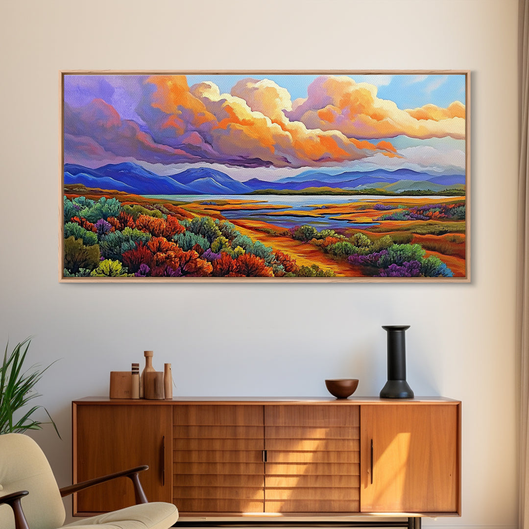 Autumn Mountains, Path, Landscape, Framed Canvas Print, serene autumn mountain scene with vibrant clouds, colorful field trail art