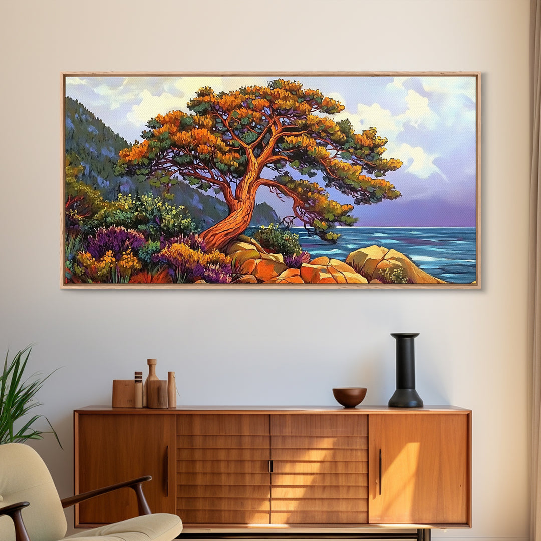 Coastal Tree, Sunset, Ocean, Vibrant tree coastal scene, Canvas Print, Fall Decor, Nature Art, Living Room Wall Art, Earthy Tones