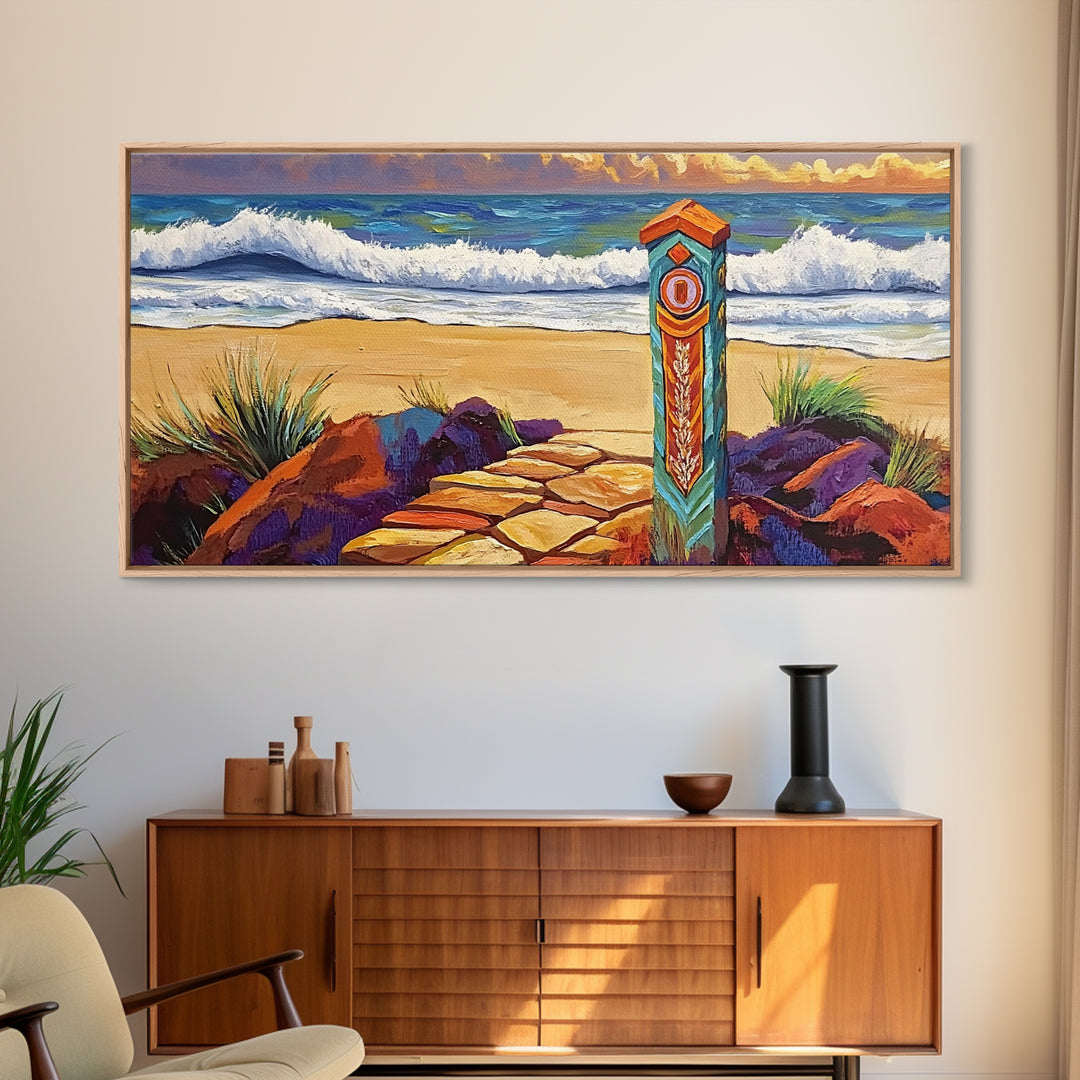 Beach Path, Waves, Nature, Ocean path with pillar, Framed Canvas Print, Coastal Decor, Vibrant Wall Art, Bathroom or Hallway Art