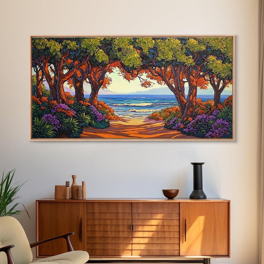 Beach Trees, Tunnel, Ocean, Sunset beach tunnel view, Framed Canvas Print, Coastal Boho Decor, Romantic Seaside Wall Art