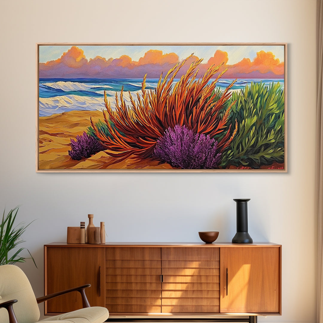 Beach, Sunset, Grasses, Coastal, Canvas Print, Tropical coastal wall art, desert beach boho art, modern bathroom art, hallway decor